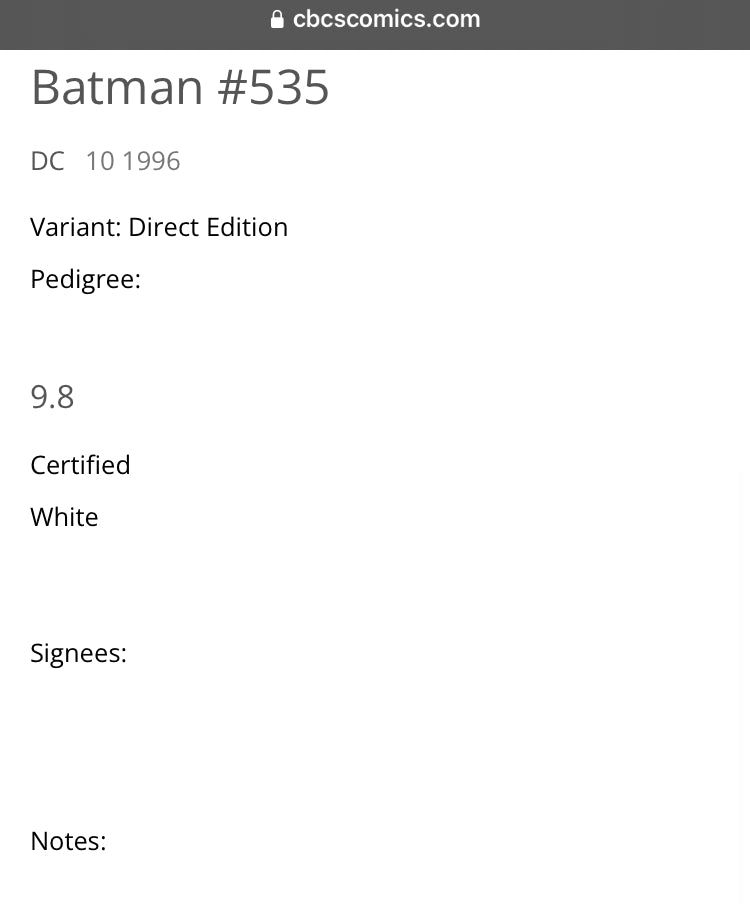 Batman #535 Graded 9.8 Comic Book CBCS Die Cut Cover DC Comics 1996
