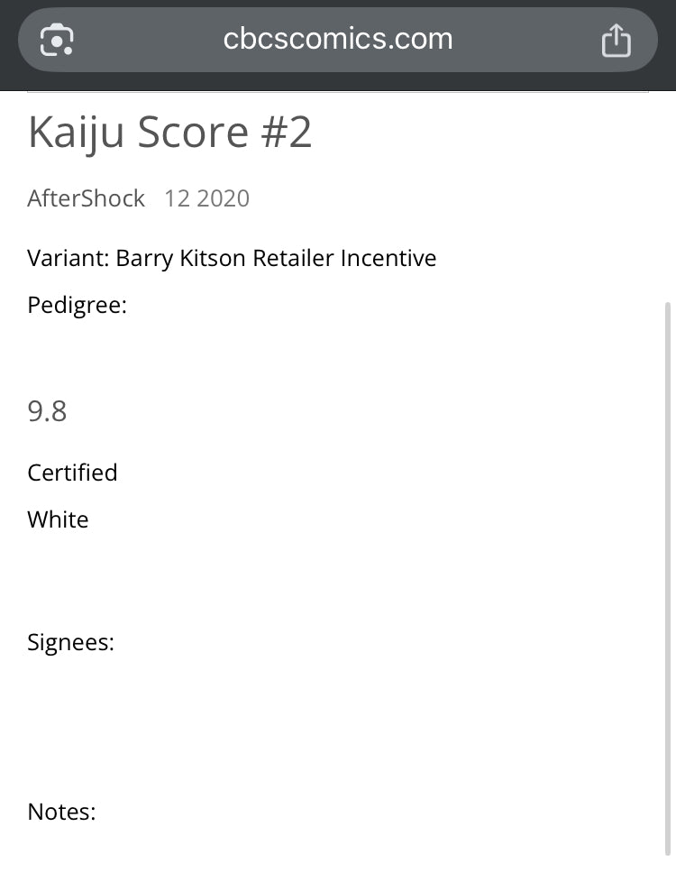 Kaiju Score #2 Graded 9.8 CBCS Slab Comic Book Aftershock Retailer Incentive