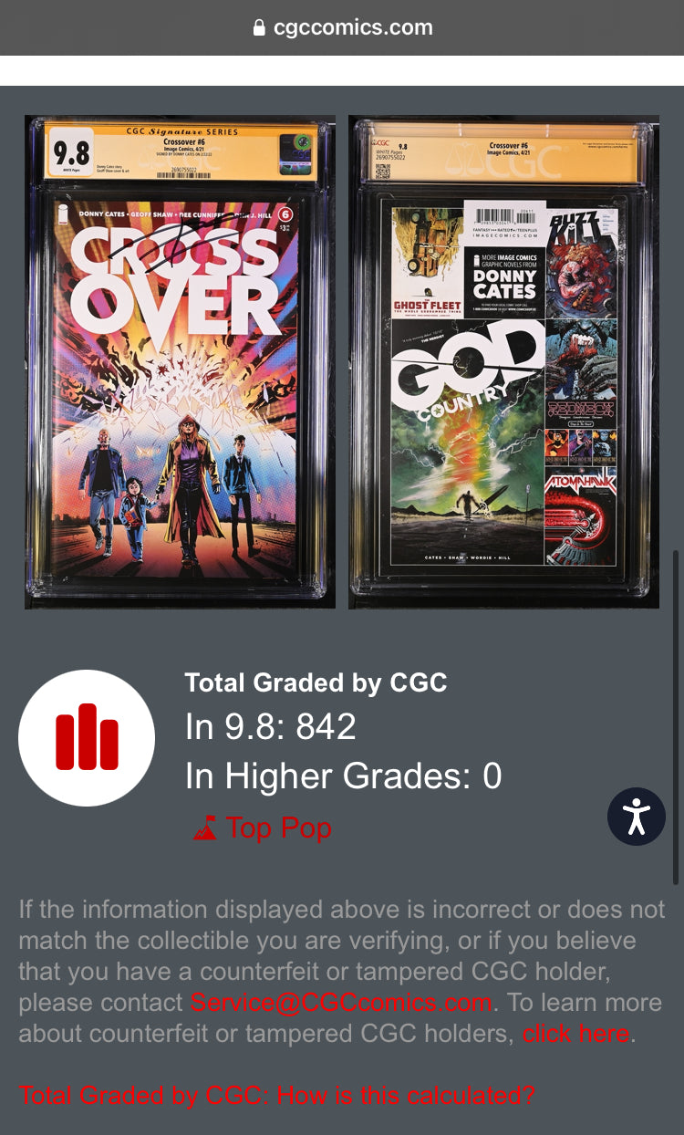 Crossover #6 Graded 9.8 CGC Comic Book Signed by Donny Cates Image Comics