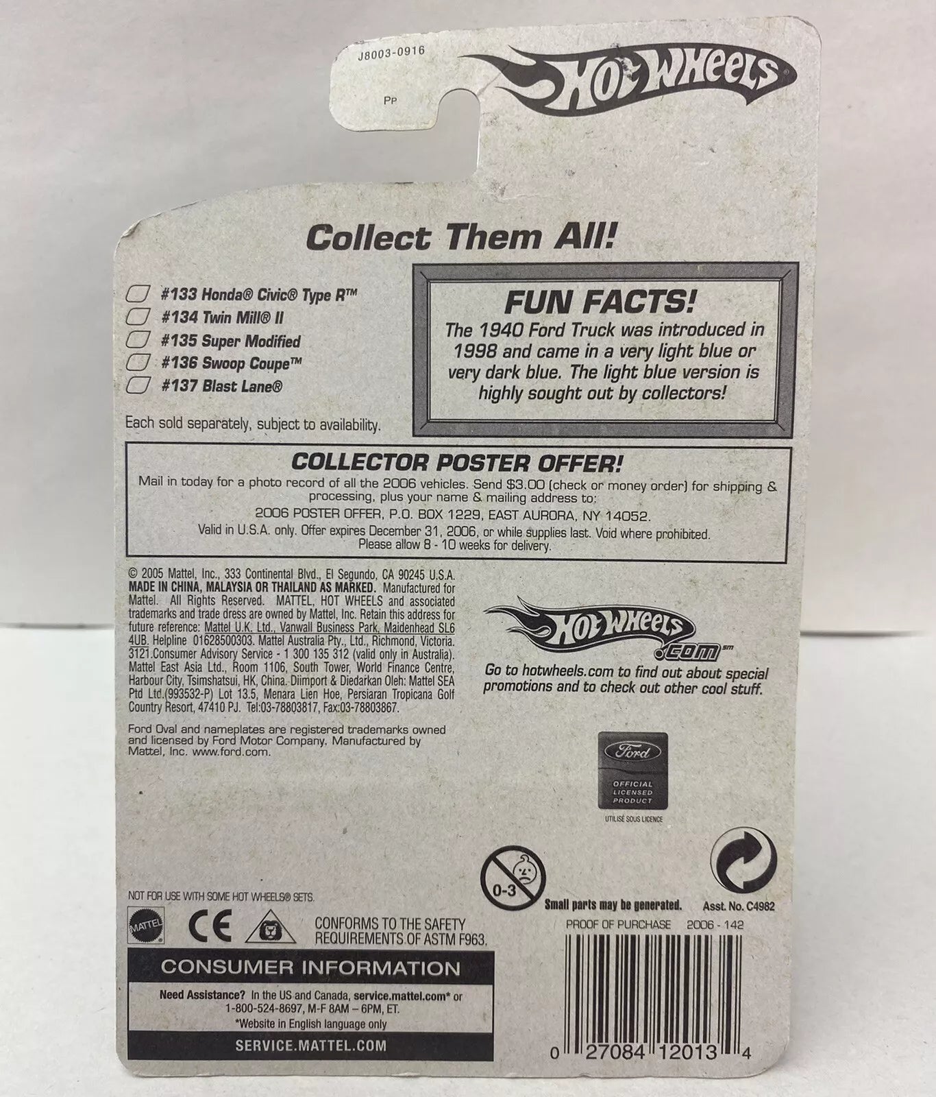 Hot Wheels #142 '40 Ford Truck Flat Black w/ Blue 5SPs 2006 Mainline